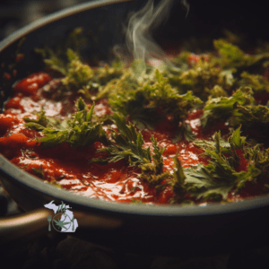 A hot, steaming tomato sauce with herbs in a skillet.