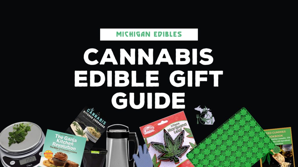 The image features a title Cannabis Edible Gift Guide with various cannabis-related products and a cookbook on a black background.