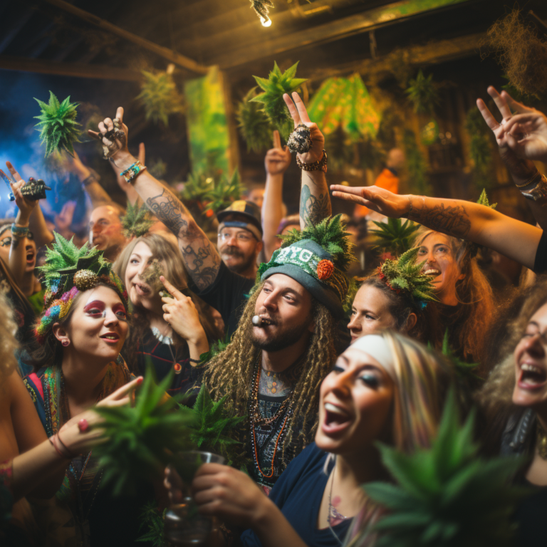 A group of joyful people celebrating with cannabis-themed accessories and decorations.