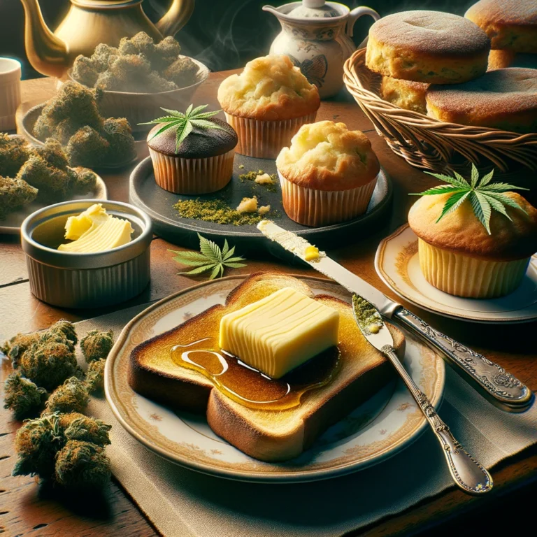 an extra decadent twist of spreading cannabis butter on breakfast items. The scene should include a breakfast table setting with cannabutter